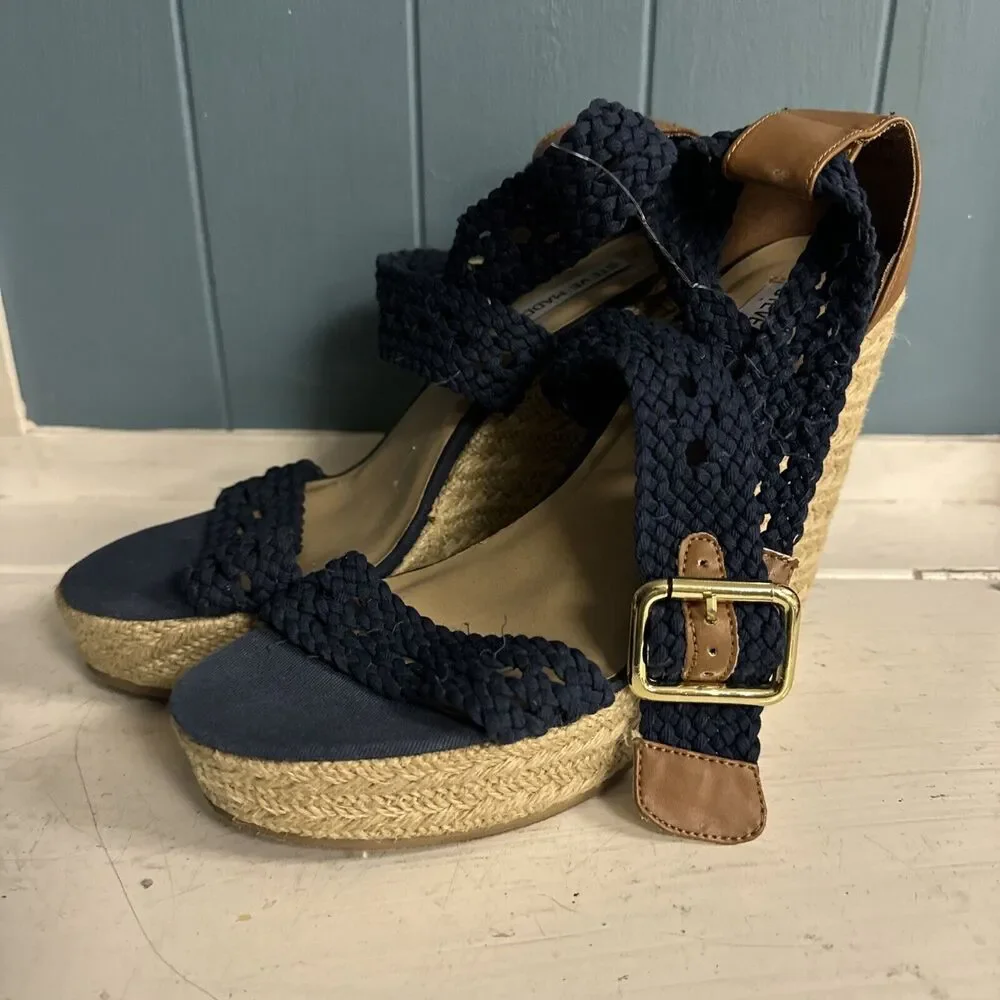 Steve Madden Navy Blue Knit High Heel‎ Wedge Espadrilles Women's Size 9.5